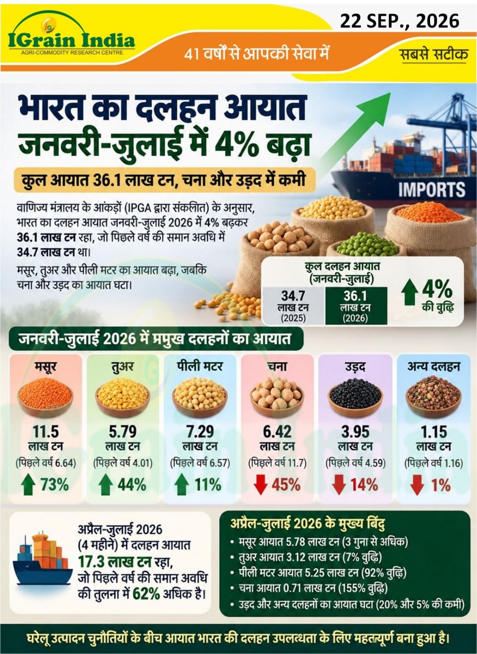 भारत का दलहन आयात जनवरी-जुलाई में 4% बढ़ा
