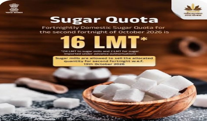 अक्टूबर के दूसरे पखवाड़े के लिए 16 लाख टन चीनी का फ्री सेल कोटा नियत