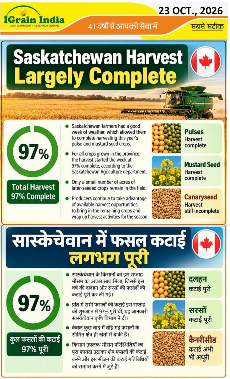 सास्केच्वान में फसल कटाई लगभग पूरी