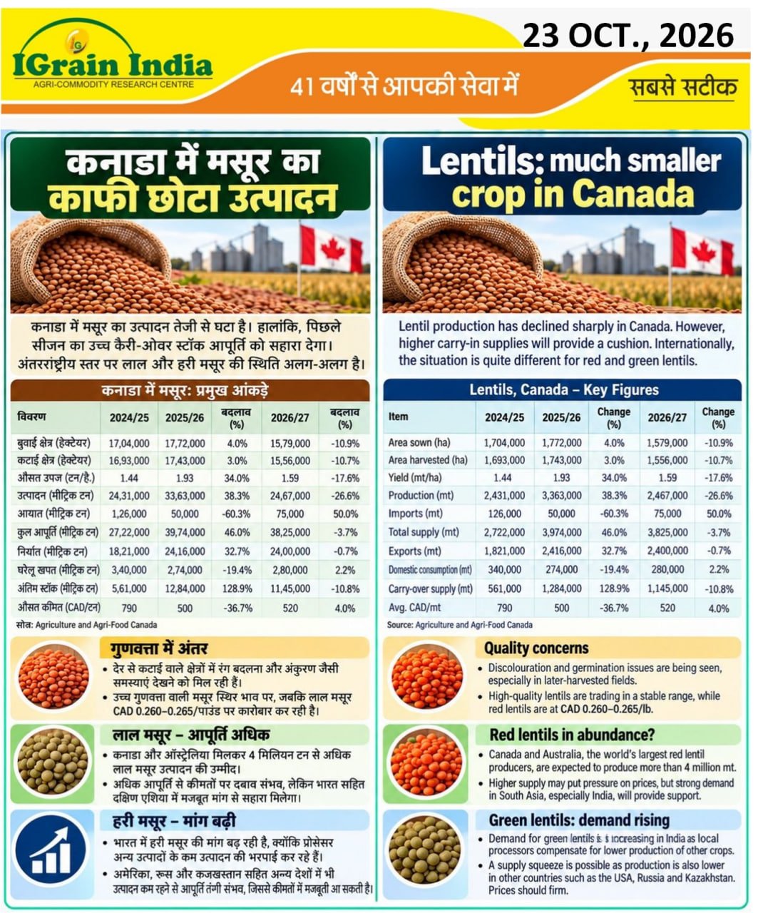 कनाडा में मसूर का काफी छोटा उत्पादन